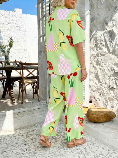 'Splendory' Collared Print Top and Pants Set - Celes Fashion